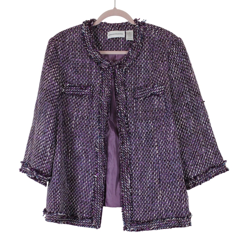 Alfred Dunner Classic Parisian Purple Textured Tweed Open Front Blazer 18